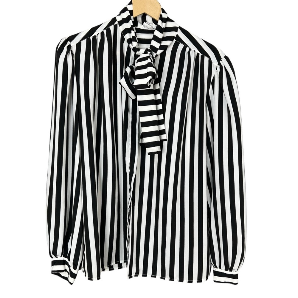 Lloyd Williams Bow Black White Striped Button Down Women’s Blouse Size 14